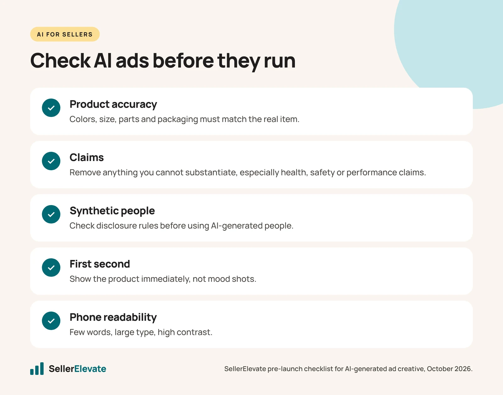 Checklist for reviewing Amazon Creative Agent ads: product accuracy, claims, synthetic people, first second, readability