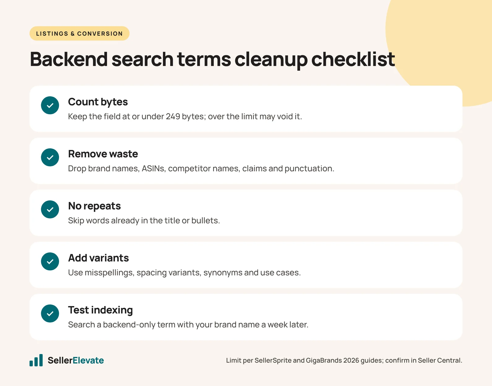 Checklist for cleaning up Amazon backend search terms, from byte count to indexing test