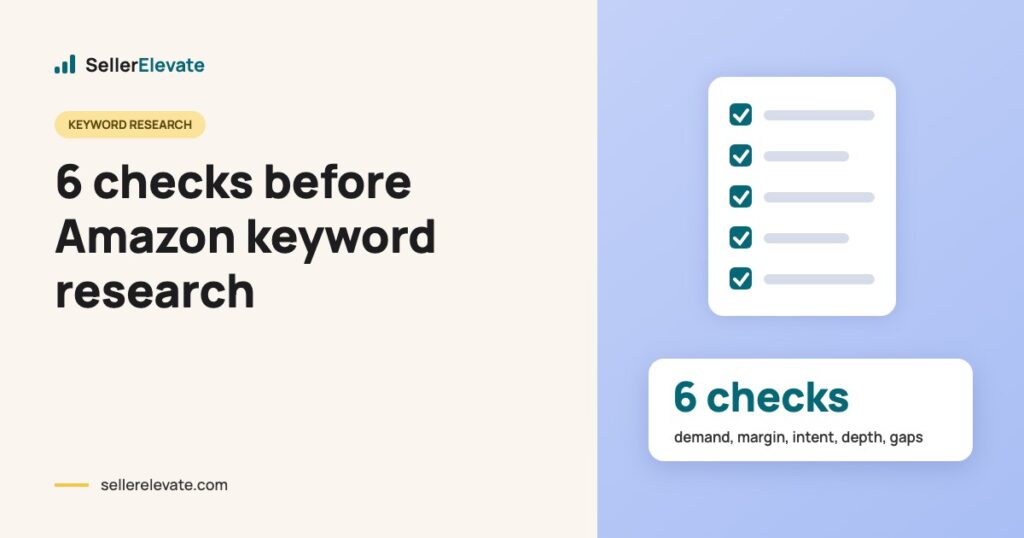 Cover graphic for Amazon keyword research prerequisites showing a six-item checklist