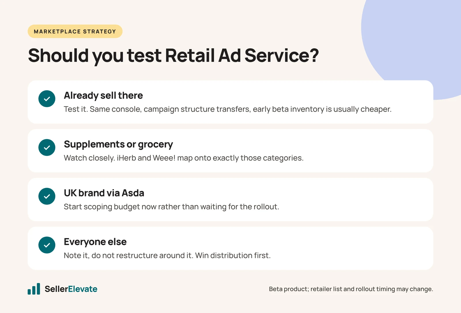 Checklist showing which brands should test Amazon Retail Ad Service and which should wait