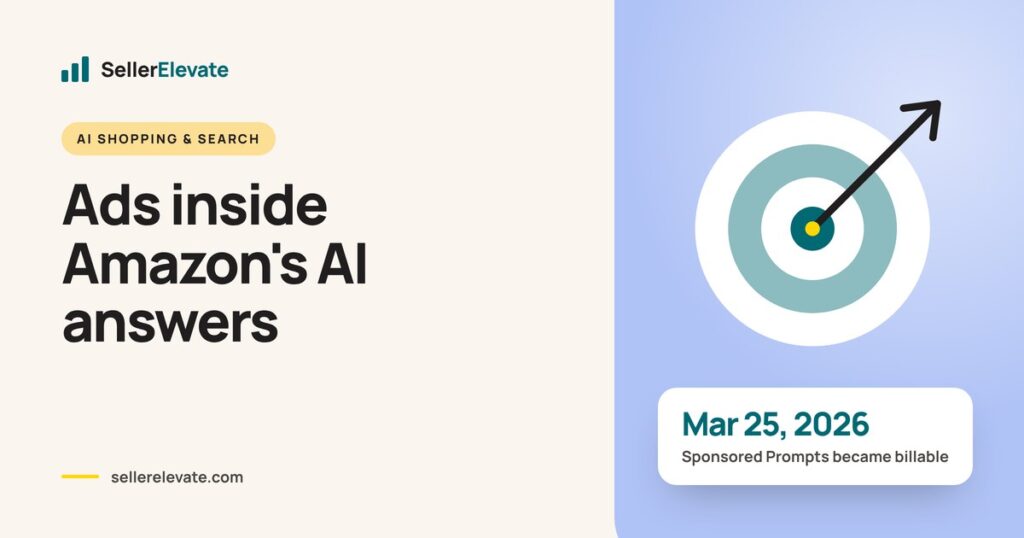 Target graphic over an Amazon AI chat answer, marking Sponsored Prompts billable from March 25, 2026