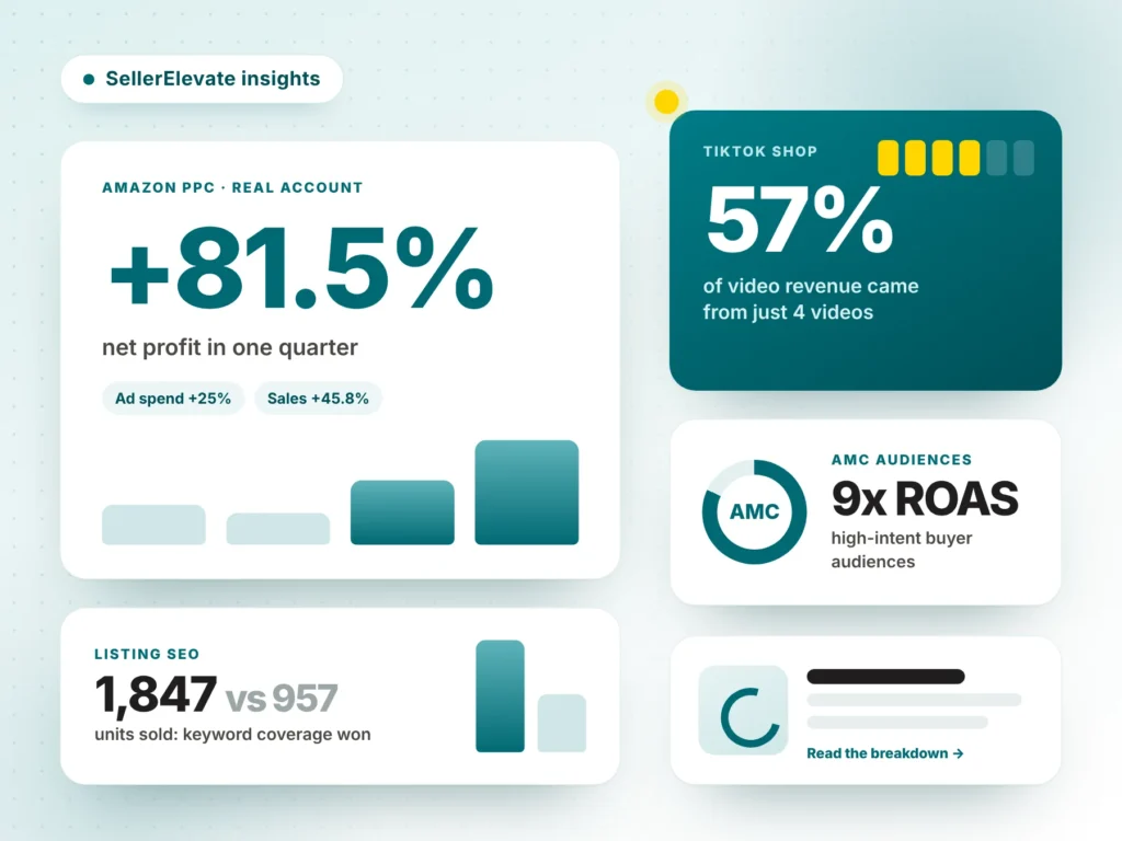SellerElevate insights: real results from our articles, including +81.5% net profit in one quarter, 57% of TikTok Shop video revenue from four videos and 9x ROAS from AMC audiences