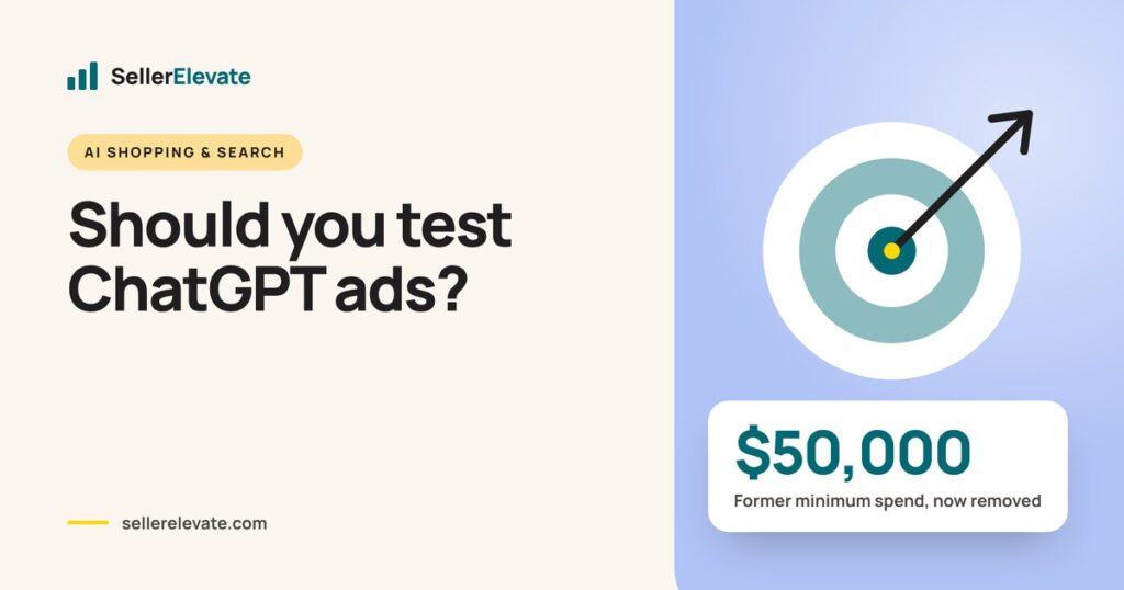 Target graphic with a chat window, noting ChatGPT Ads Manager has had no minimum spend since May 2026