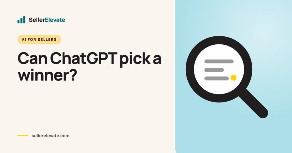 Magnifying glass over a list of Amazon product ideas generated by an AI chatbot