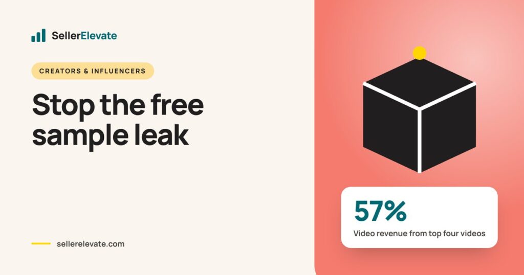 Shipping box graphic for TikTok Shop creator samples, with 57% of video revenue from top four videos