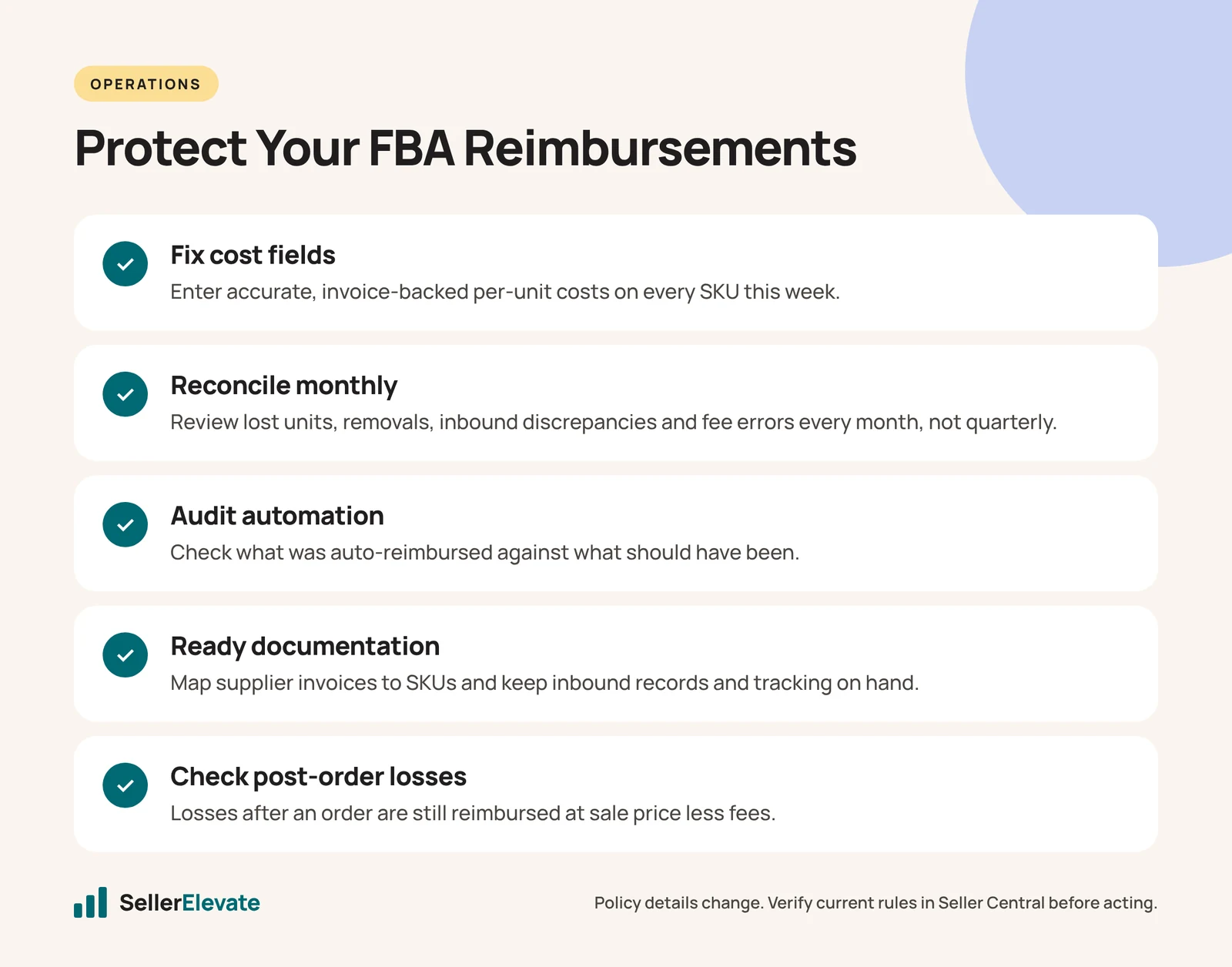 Checklist of five steps to protect FBA reimbursements under Amazon's manufacturing cost policy