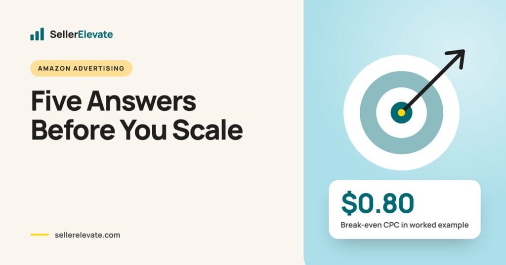 Target graphic with five rings for the five questions to answer before scaling Amazon PPC, break-even CPC $0.80