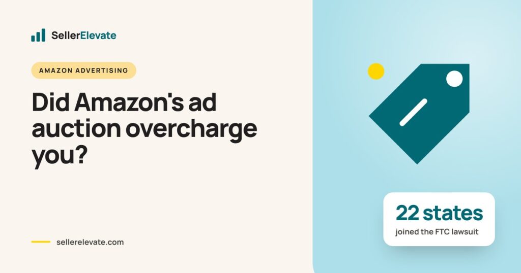 Price tag over an auction bid chart illustrating the FTC lawsuit alleging Amazon inflated Sponsored Products ad prices