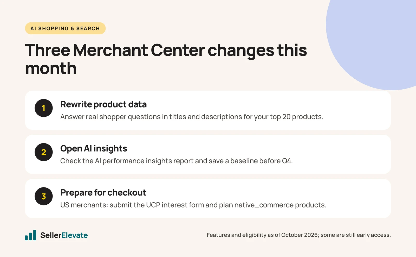 Three steps for Merchant Center: rewrite product data, open AI performance insights, prepare for UCP checkout