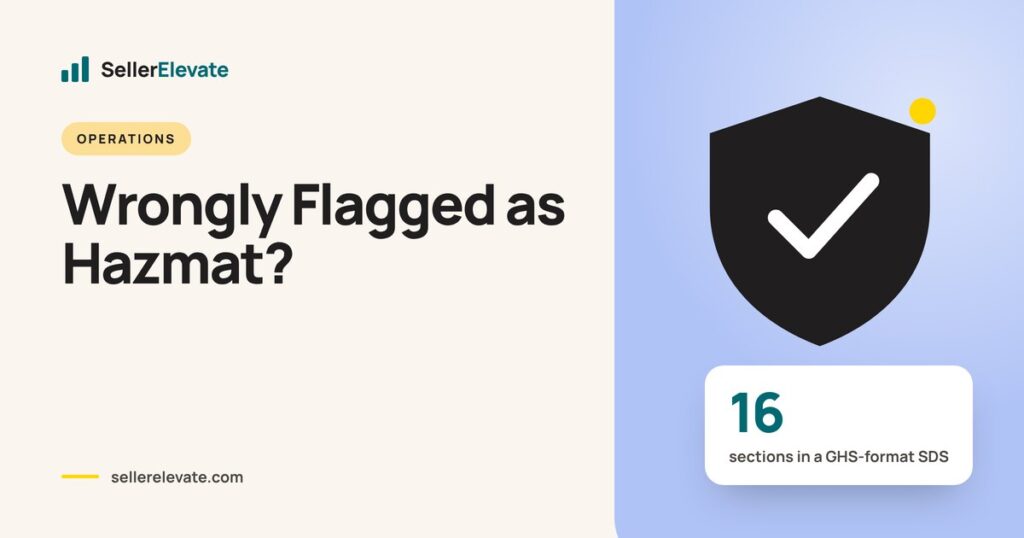 Cover graphic with a shield icon and the headline Wrongly Flagged as Hazmat, noting the 16 sections of a GHS-format SDS