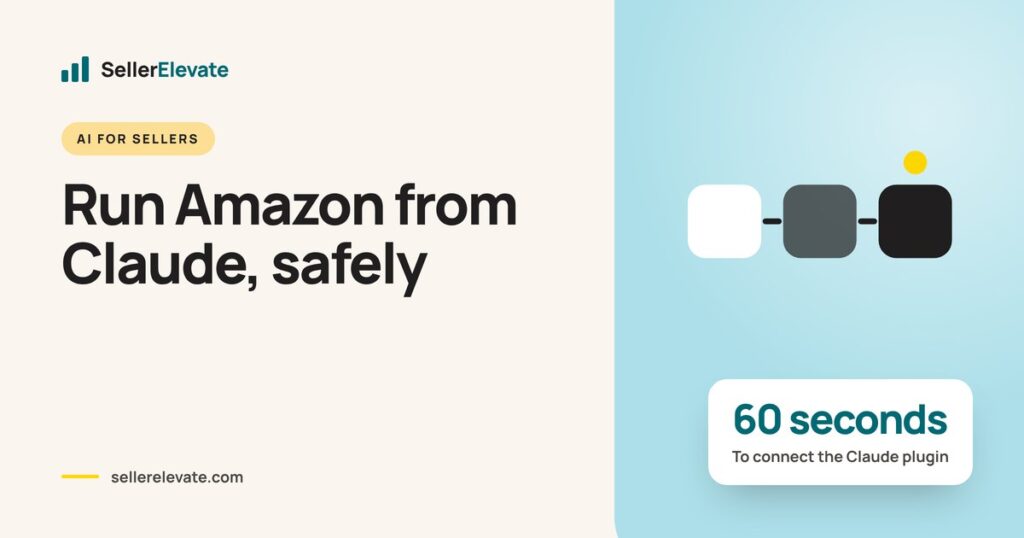 Flow graphic connecting Claude to Amazon Seller Central and Amazon Ads, with the plugin connecting in about 60 seconds