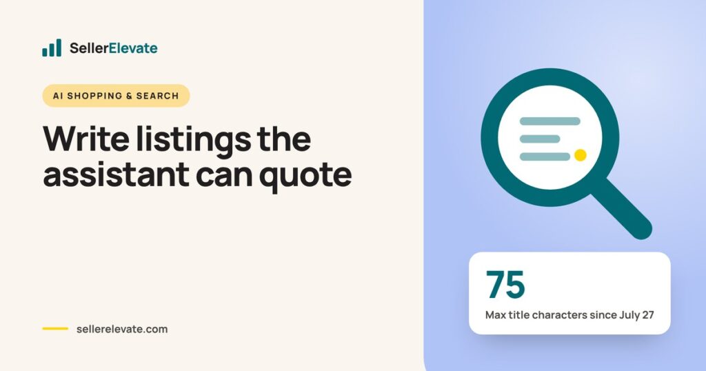 Magnifying glass over an Amazon listing with a 75-character title, illustrating optimization for Alexa for Shopping
