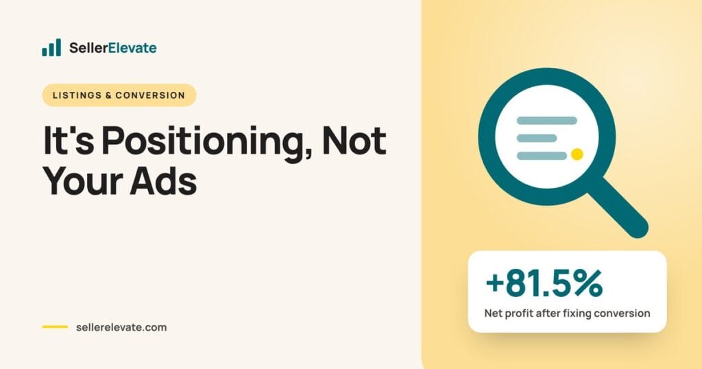 Magnifier over an Amazon search results grid with one listing standing out, headline It's Positioning, Not Your Ads