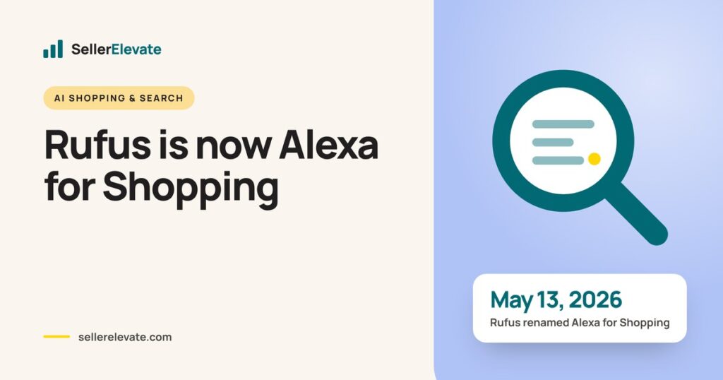 Amazon search bar graphic showing Rufus renamed Alexa for Shopping on May 13, 2026