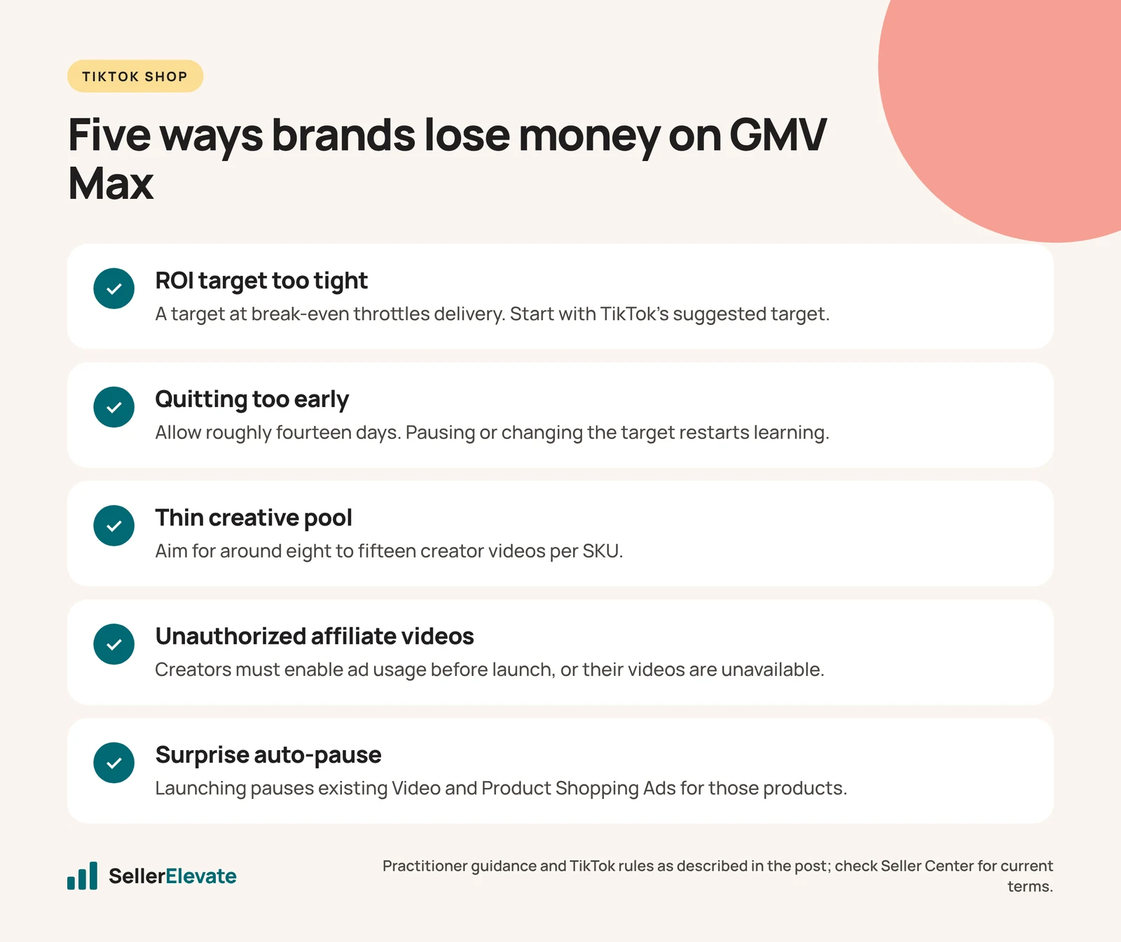 Checklist of five ways brands lose money on TikTok GMV Max, from tight ROI targets to the legacy ad auto-pause